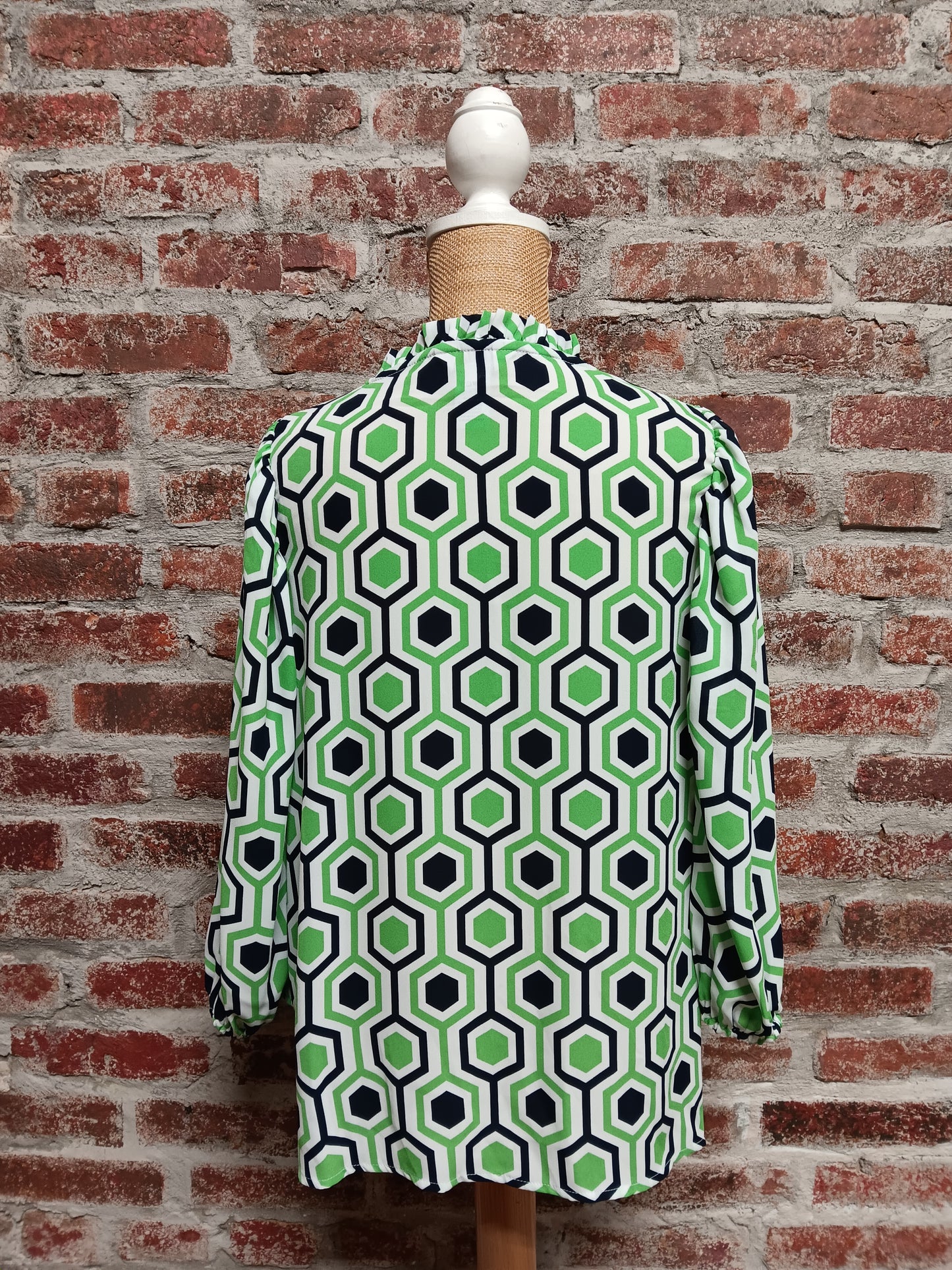 Hexagon Print Navy/White/Green Smocked Neck Top