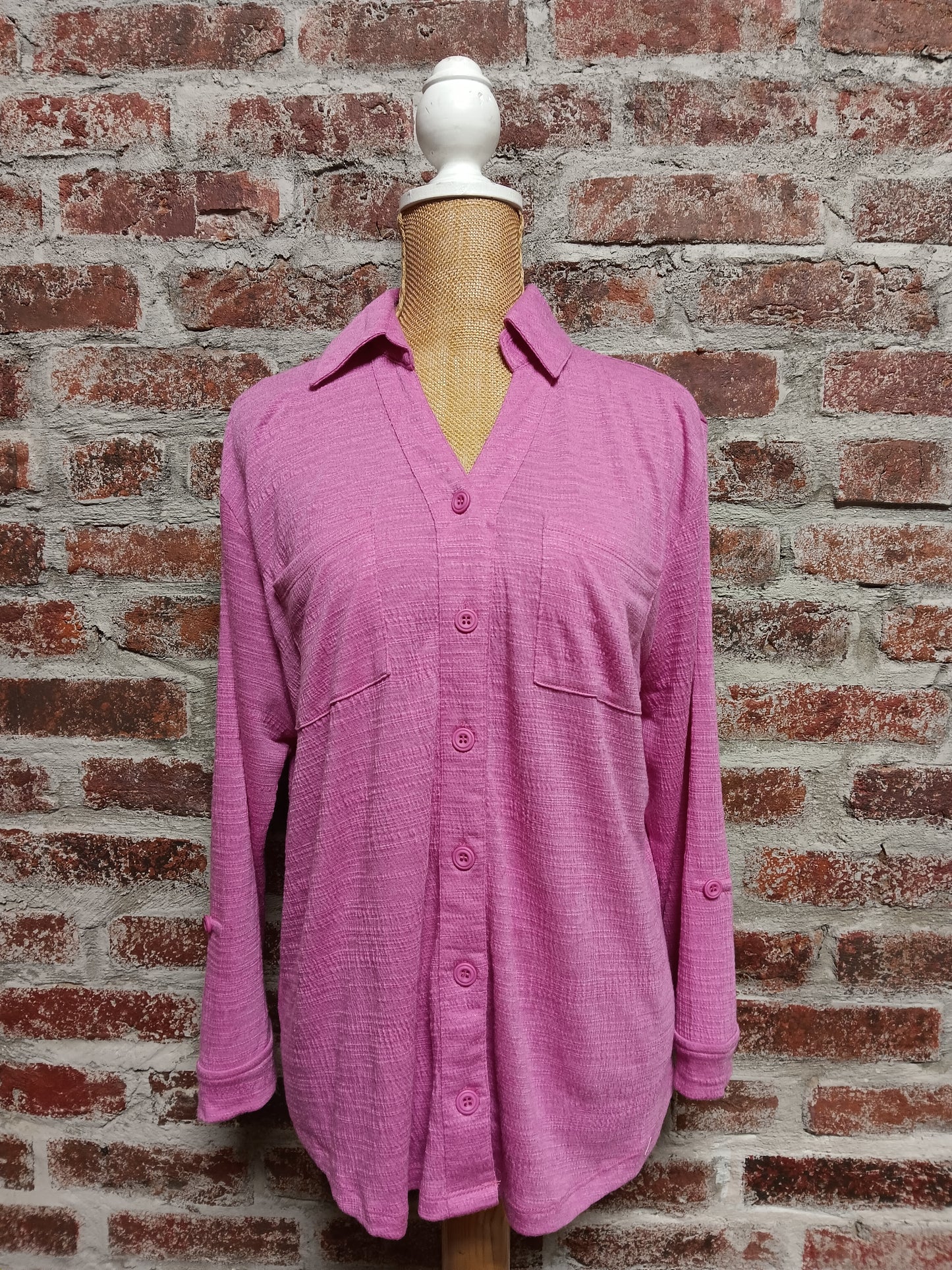 Raspberry Button Up Top With Front Pockets