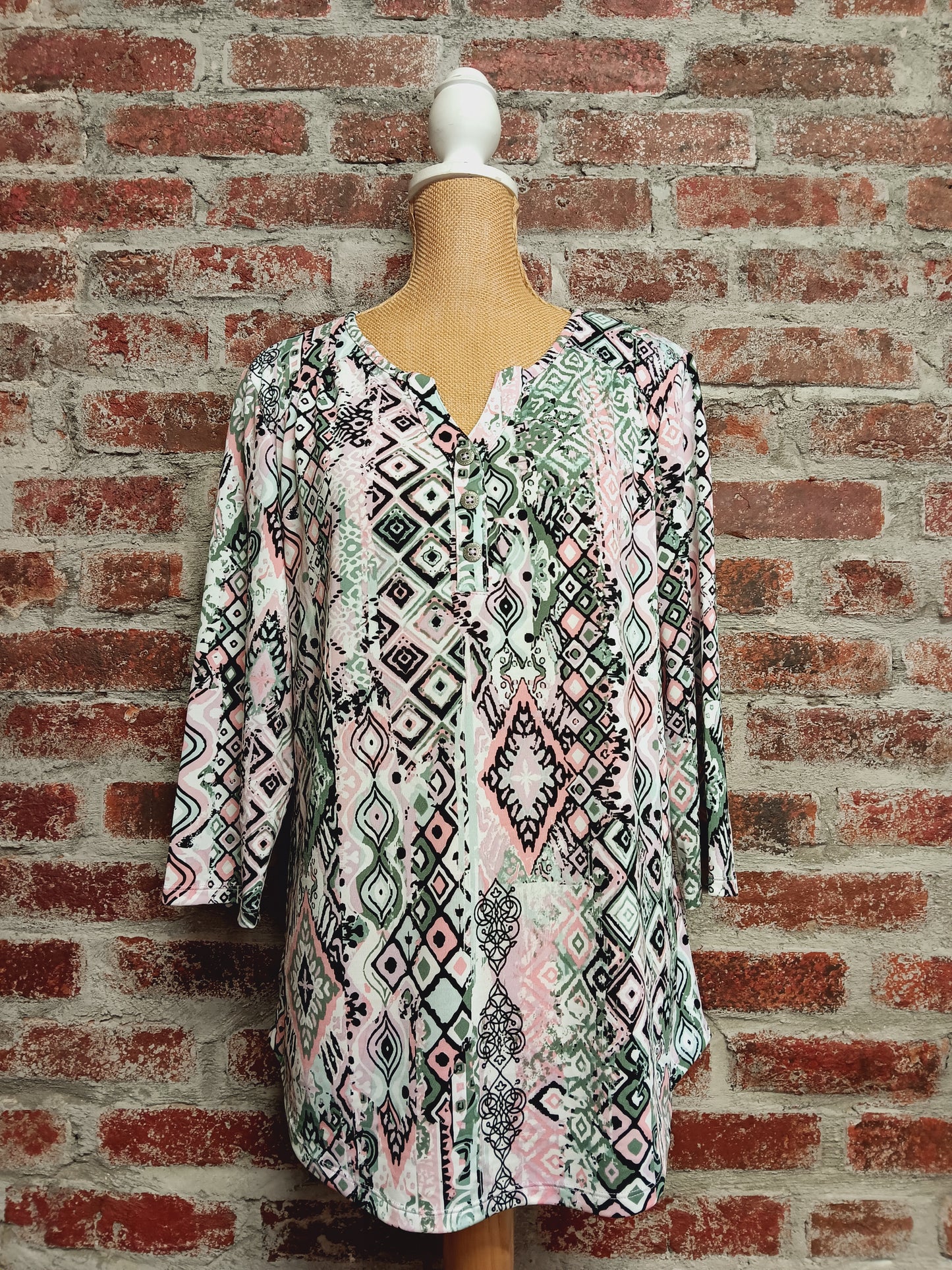 Pink Olive And Black Patterned Button Up V-Neck