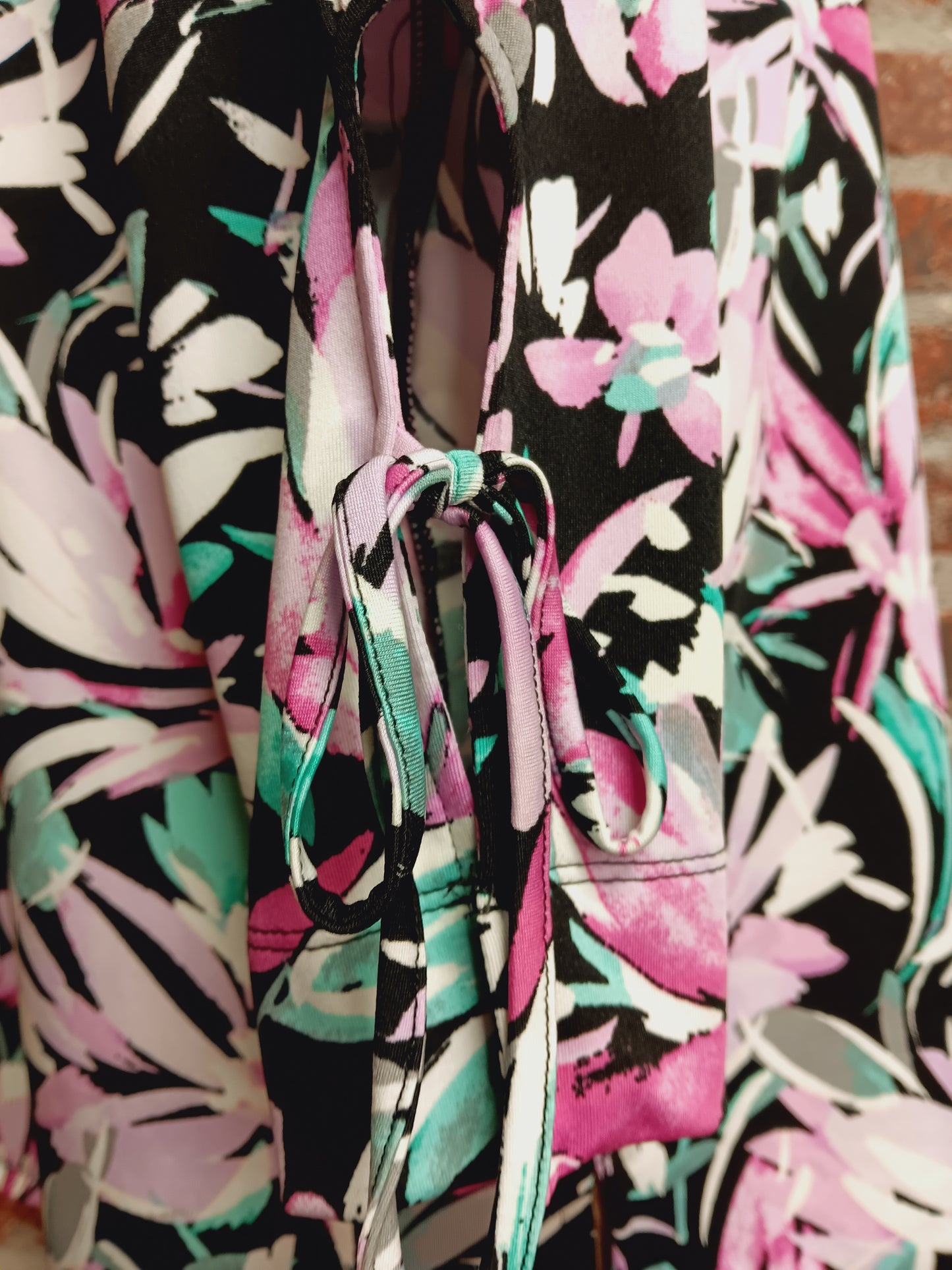 Pink, Black And Aqua Floral Print 3/4 Sleeve