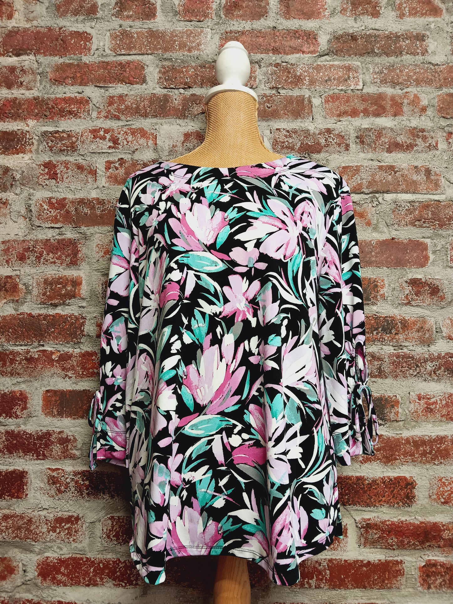 Pink, Black And Aqua Floral Print 3/4 Sleeve