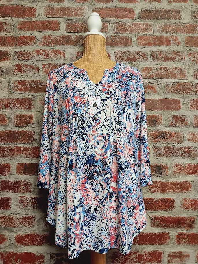 Coral/Denim Patterned 3/4 Sleeve V-Neck Faux Button
