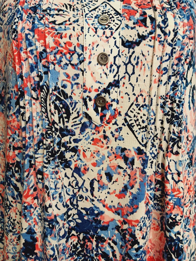 Coral/Denim Patterned 3/4 Sleeve V-Neck Faux Button