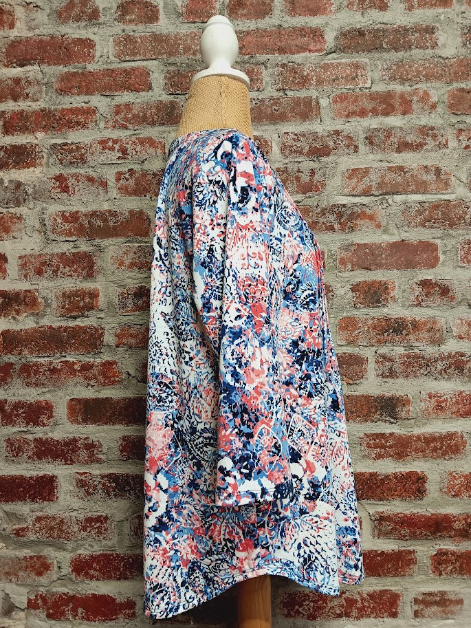 Coral/Denim Patterned 3/4 Sleeve V-Neck Faux Button