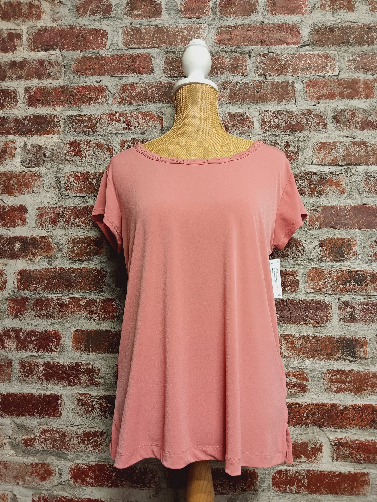 Coral Cap Sleeve Rhinestone Neckline Detail
