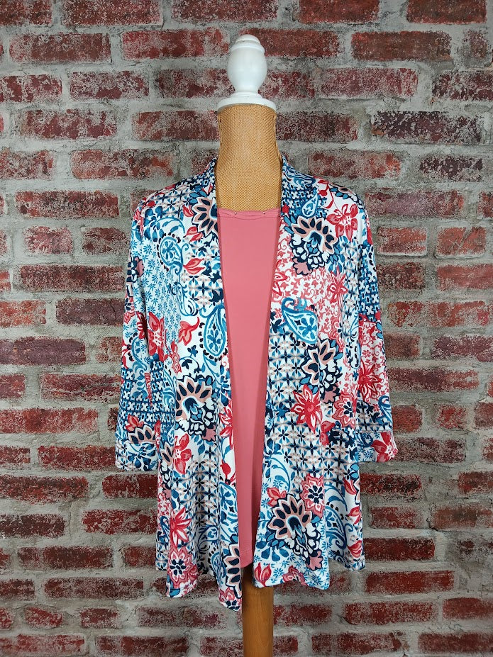 Denim, Ink And Red Floral Print 3/4 Sleeve Cardigan