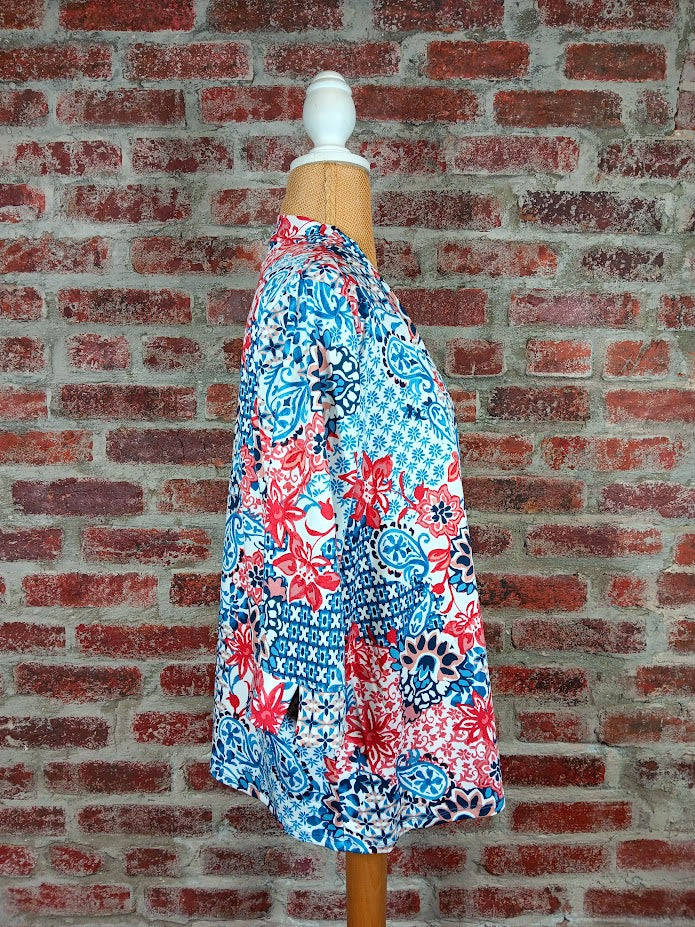 Denim, Ink And Red Floral Print 3/4 Sleeve Cardigan