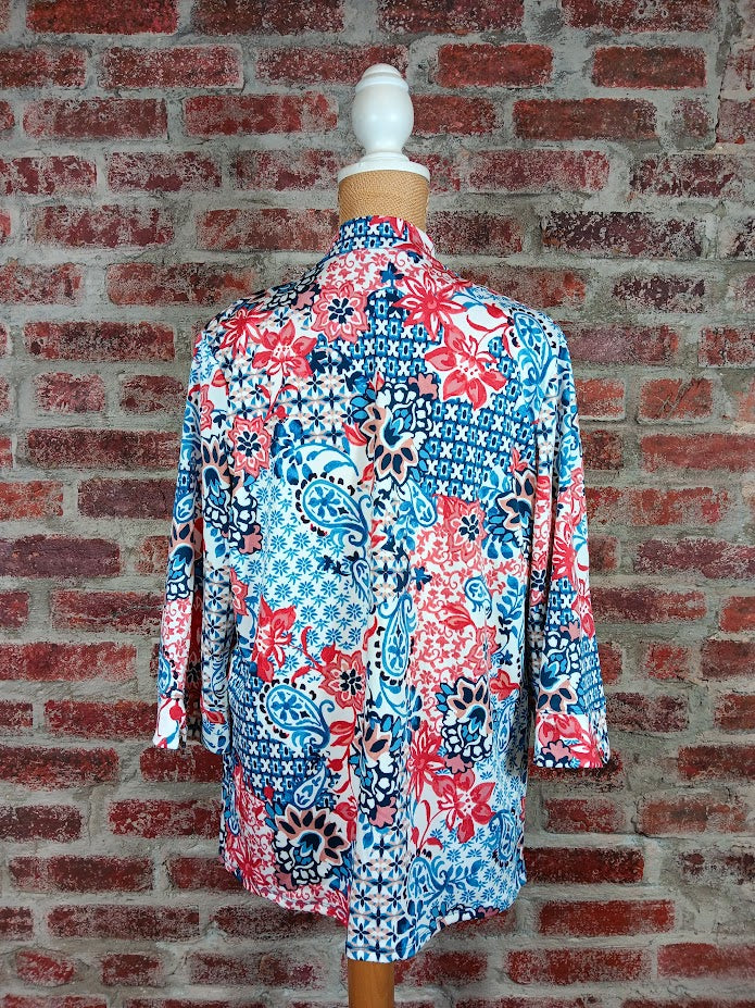 Denim, Ink And Red Floral Print 3/4 Sleeve Cardigan