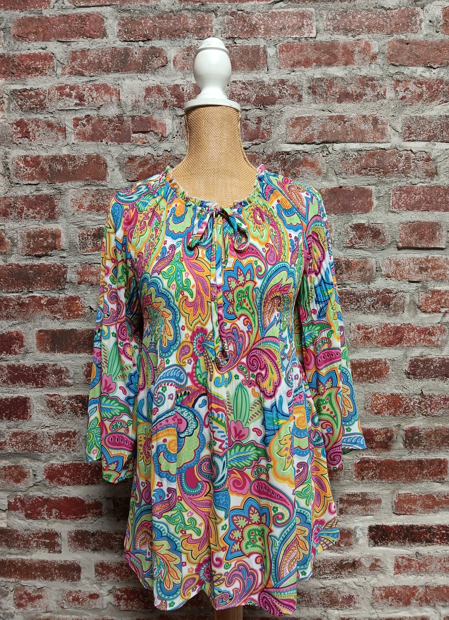 Multicolored Paisley Print Ruched Bodice With Delicate Ruffle Neckline Detail