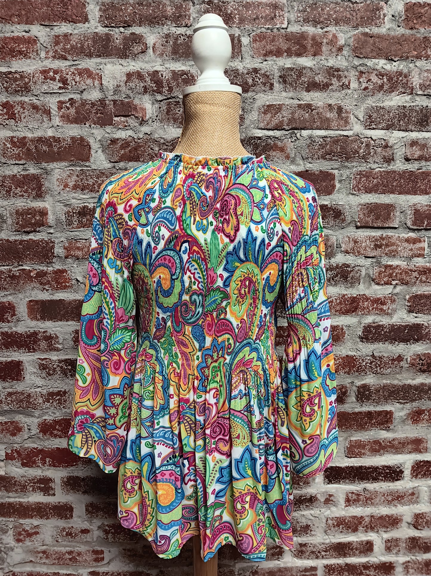 Multicolored Paisley Print Ruched Bodice With Delicate Ruffle Neckline Detail