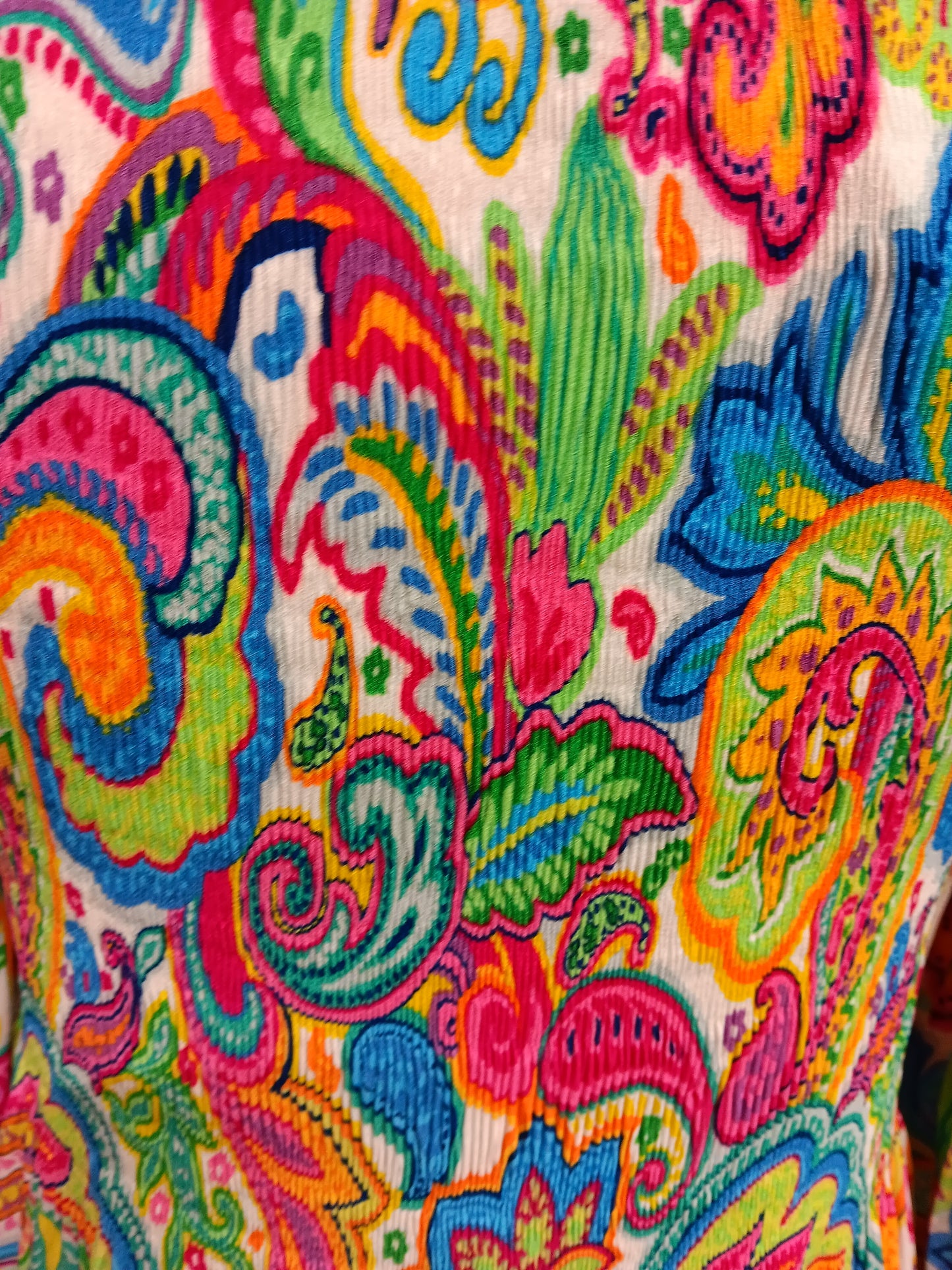 Multicolored Paisley Print Ruched Bodice With Delicate Ruffle Neckline Detail
