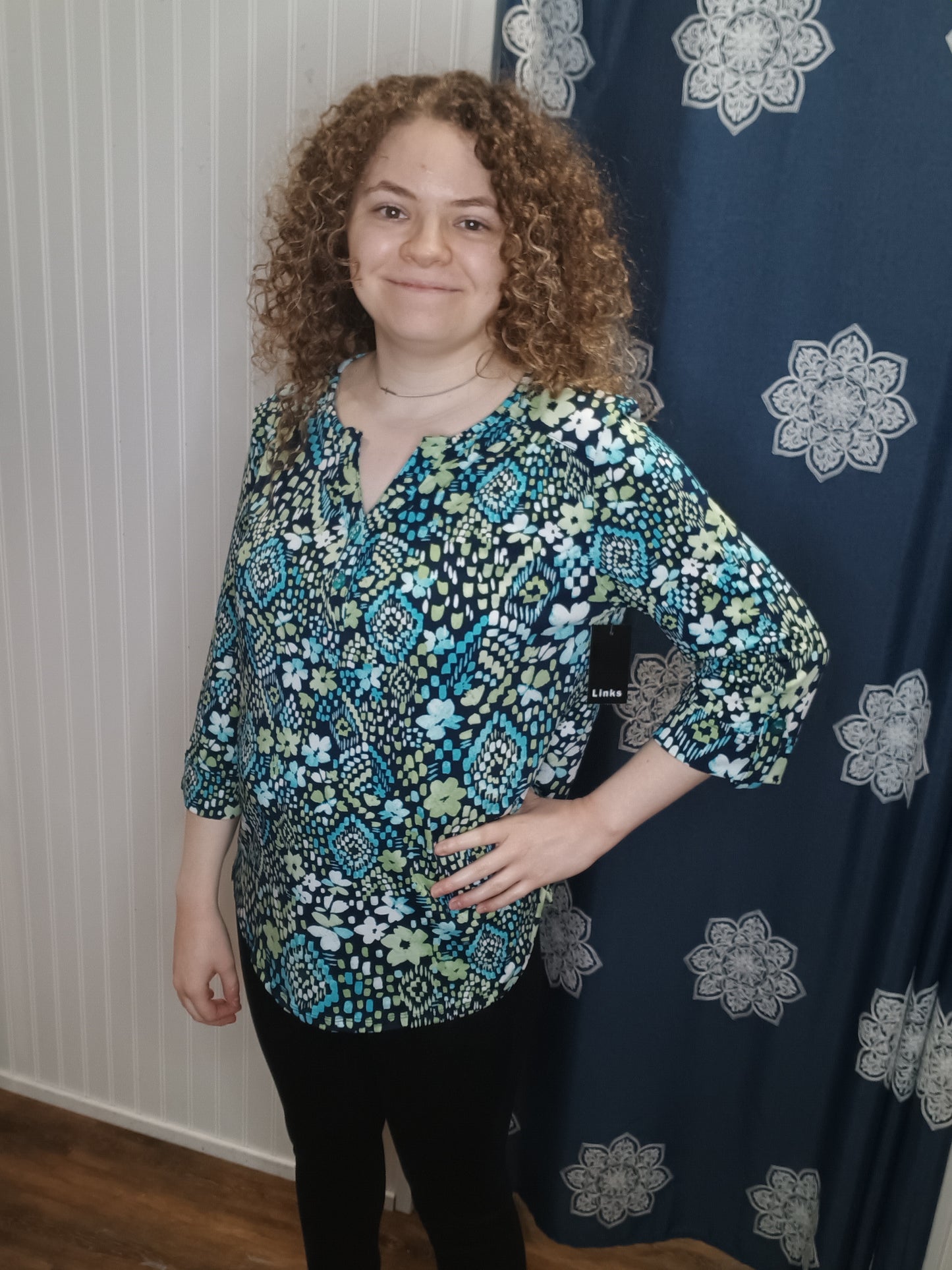 Navy / Green Floral/Dot Print Button V-Neck