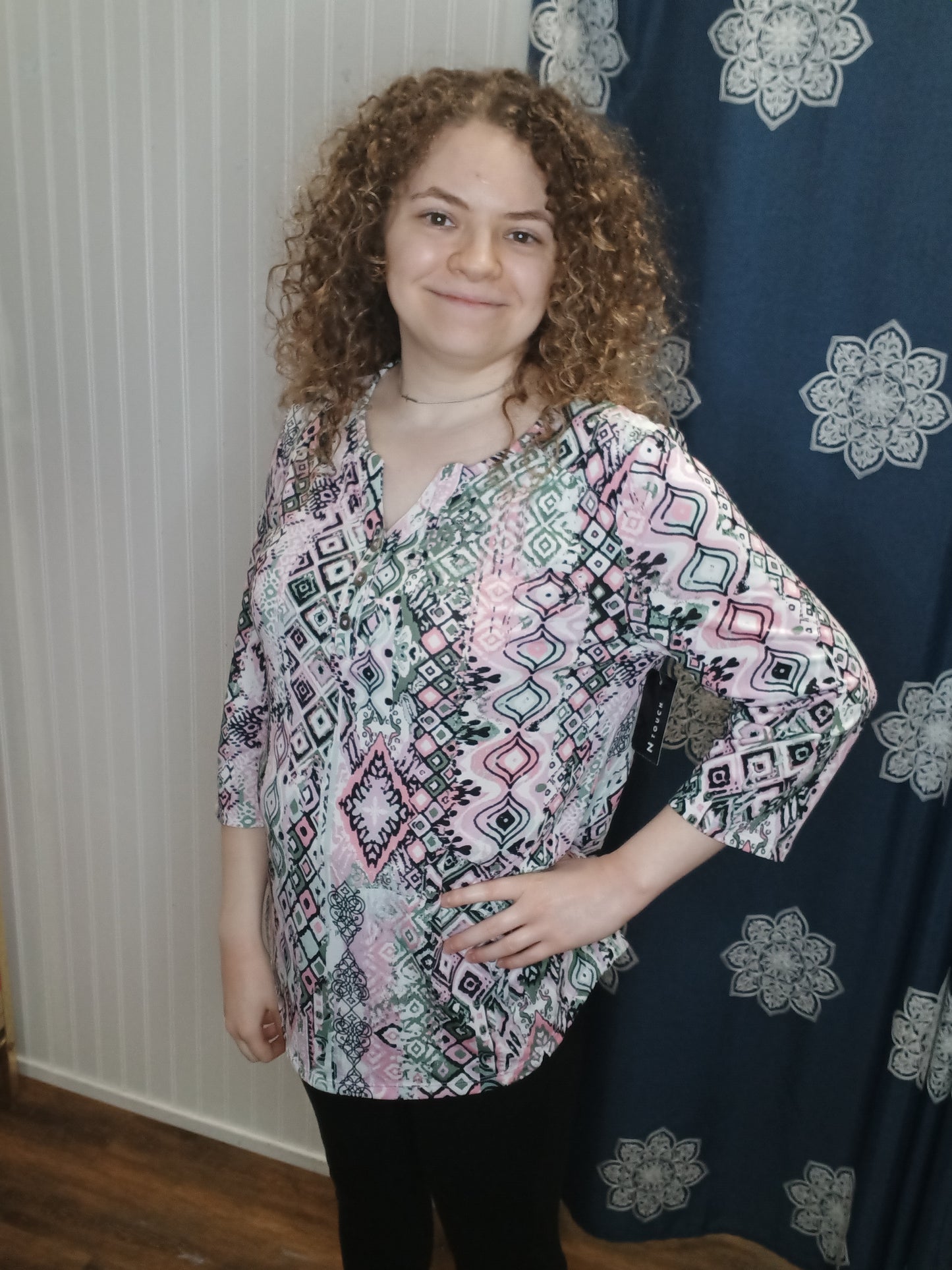 Pink Olive And Black Patterned Button Up V-Neck
