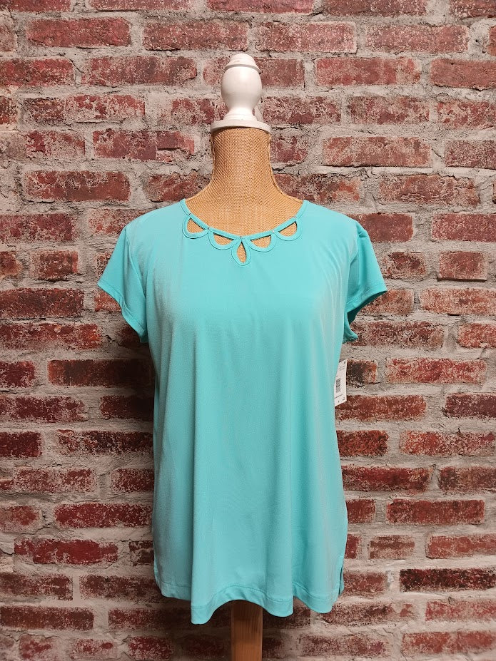 Turquoise Cap Sleeve Cutout Neckline With Rhinestone Detail (Plus-Sized)