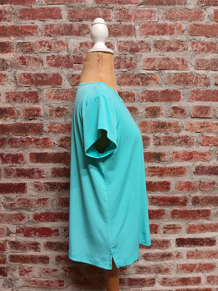 Turquoise Cap Sleeve Cutout Neckline With Rhinestone Detail (Plus-Sized)