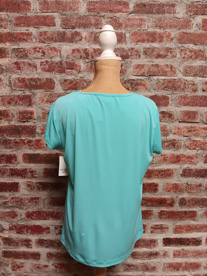 Turquoise Cap Sleeve Cutout Neckline With Rhinestone Detail (Plus-Sized)