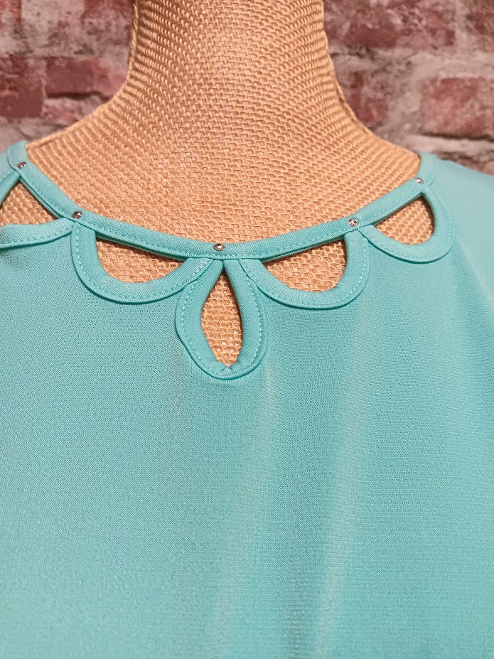 Turquoise Cap Sleeve Cutout Neckline With Rhinestone Detail (Plus-Sized)