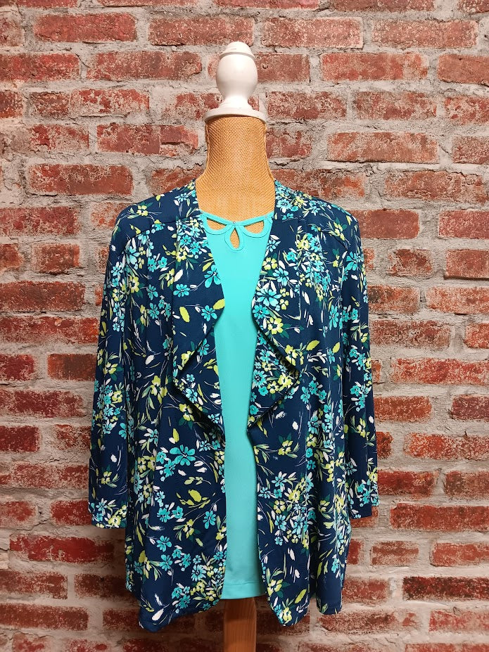 Navy/Turquoise Small Floral Open Front Jacket (Plus-Sized)