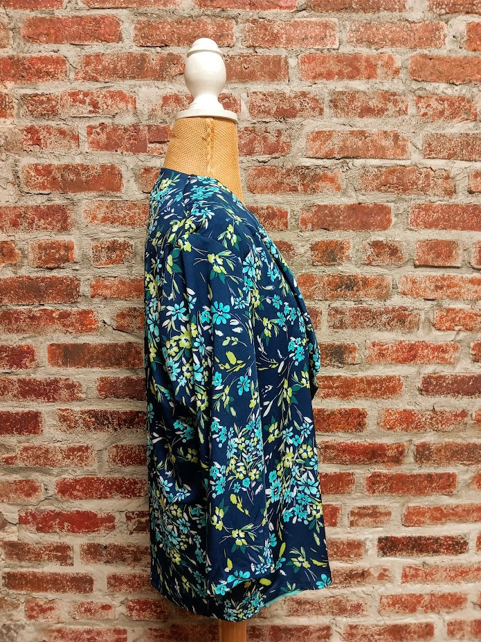 Navy/Turquoise Small Floral Open Front Jacket (Plus-Sized)