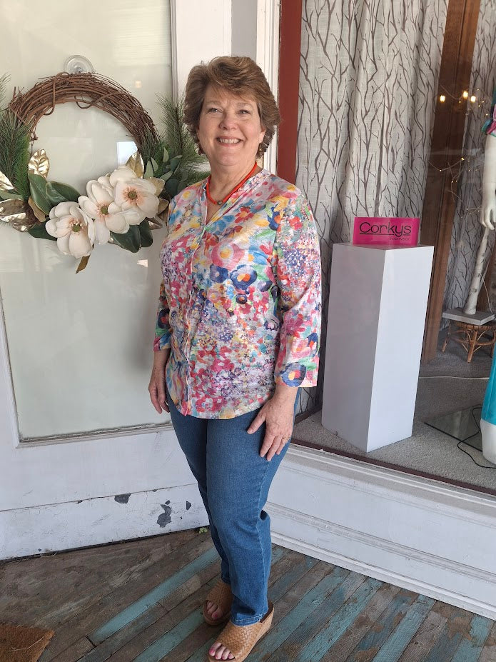 Multicolored Floral 3/4 Sleeve V-Neck Button Up Top