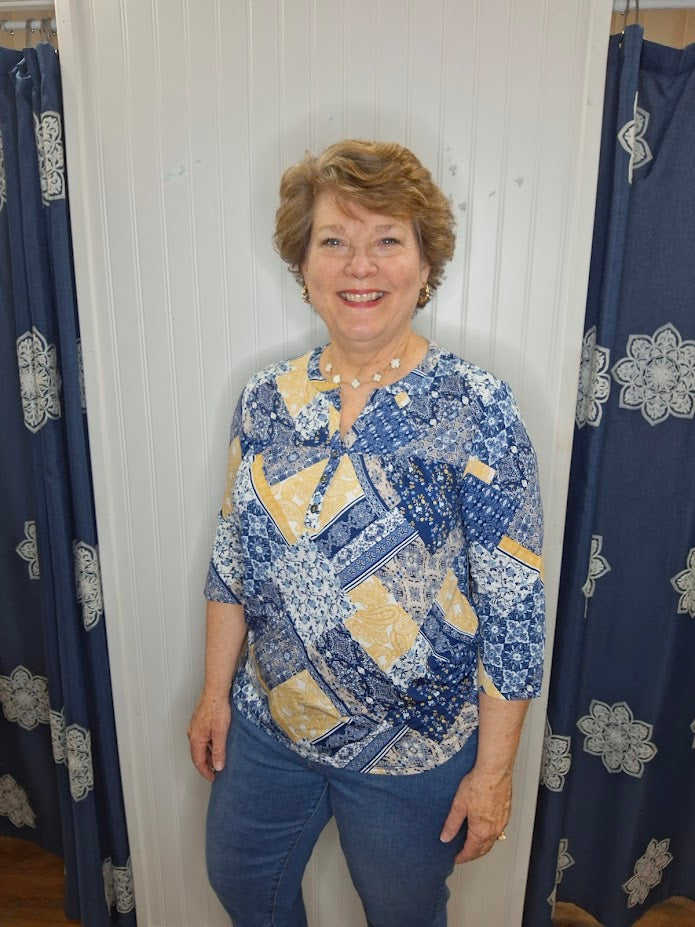 Denim/Yellow Daisy Floral Print 3/4 Sleeve Top