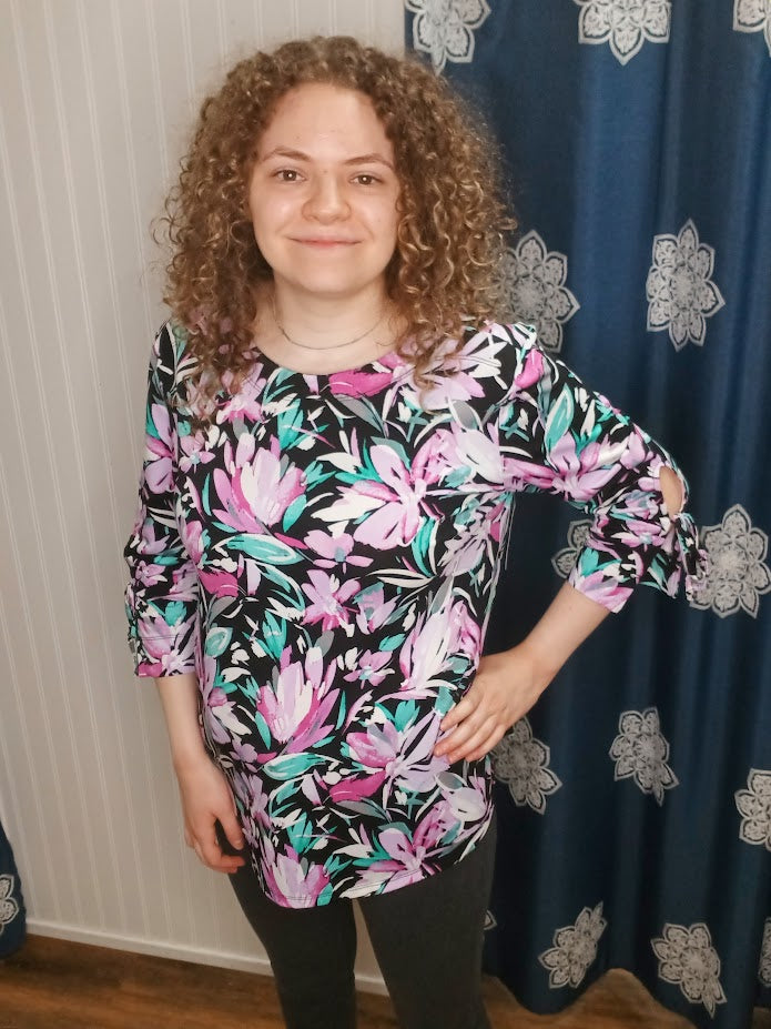 Pink, Black And Aqua Floral Print 3/4 Sleeve