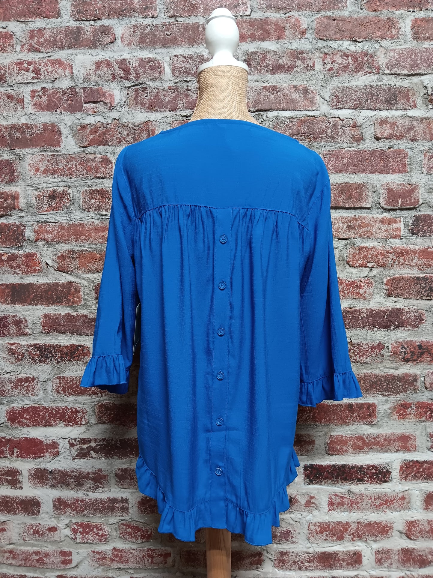 Blue 3/4 SLV Ruffle Button Back Top