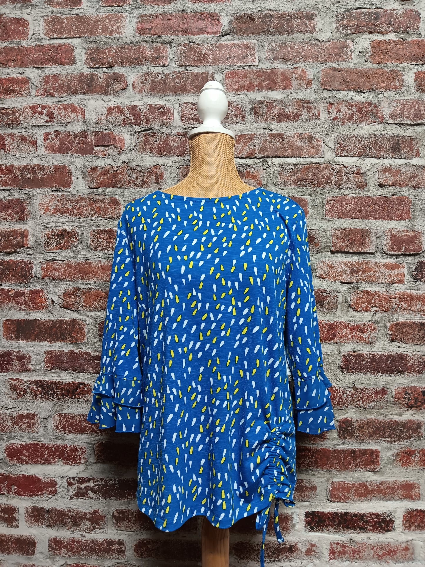 Blue Dotted 3/4 Flounce SLV Drawstring Top