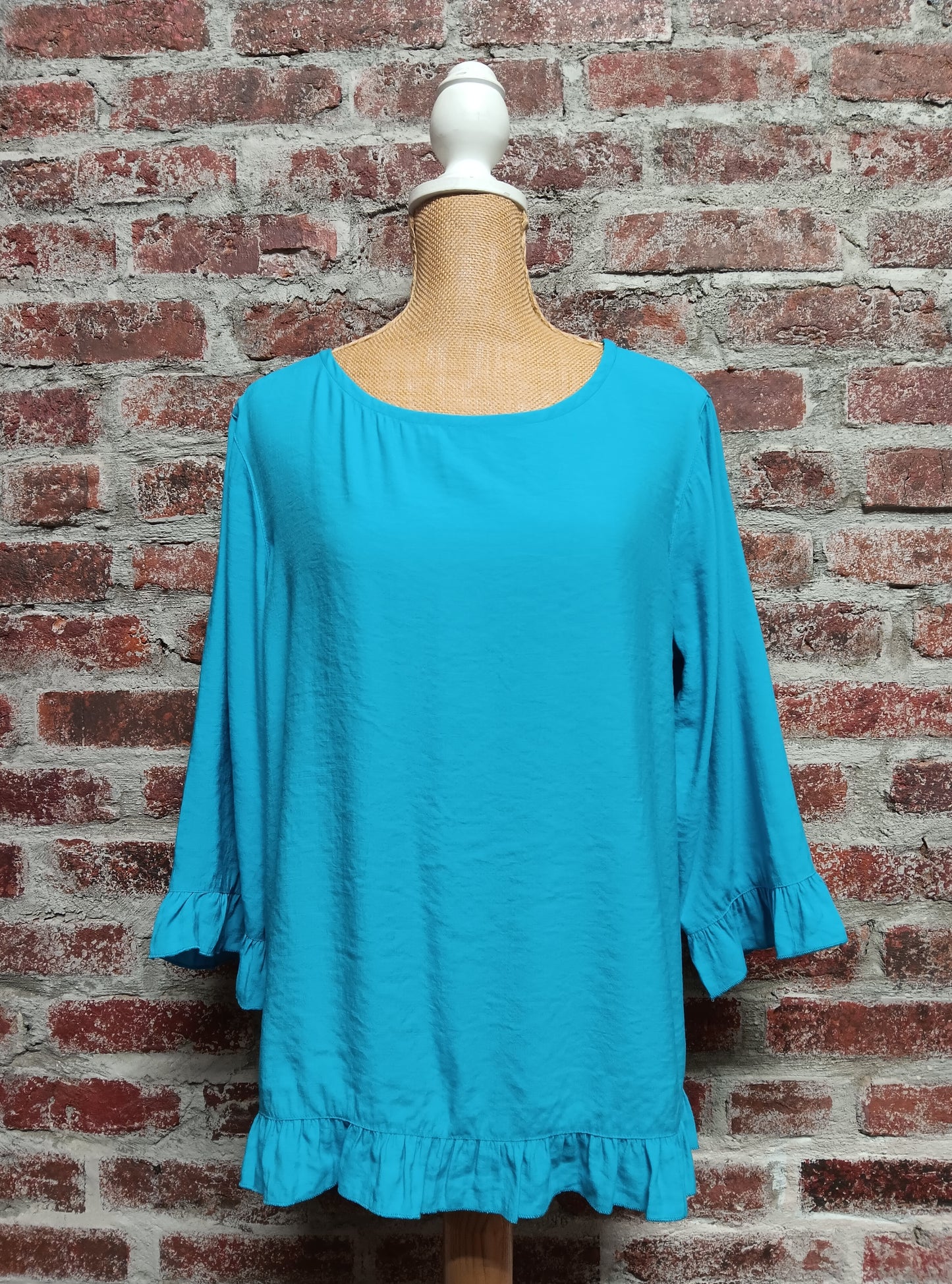 Turquoise Ruffle Sleeve Back Button Top