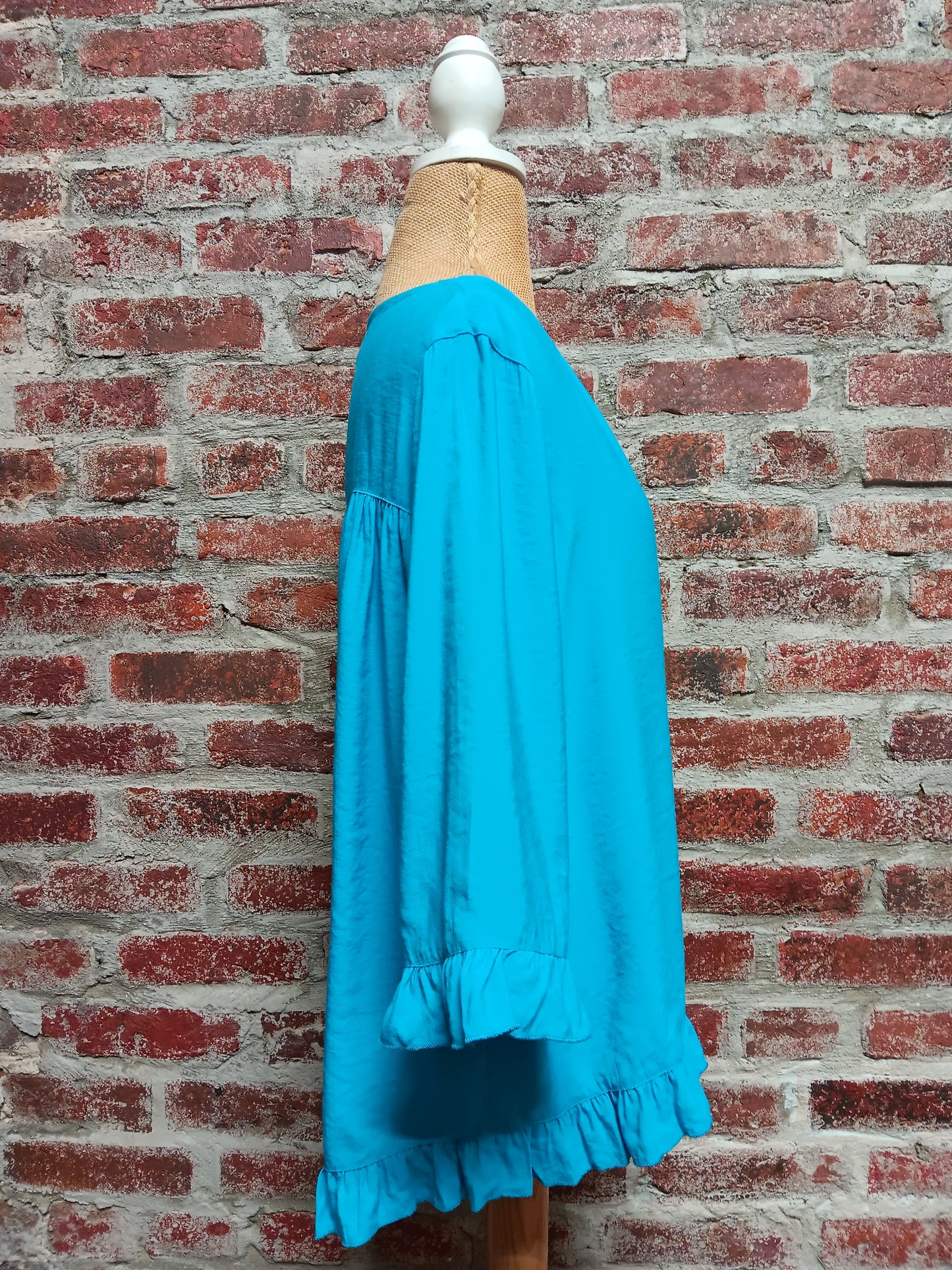 Turquoise Ruffle Sleeve Back Button Top