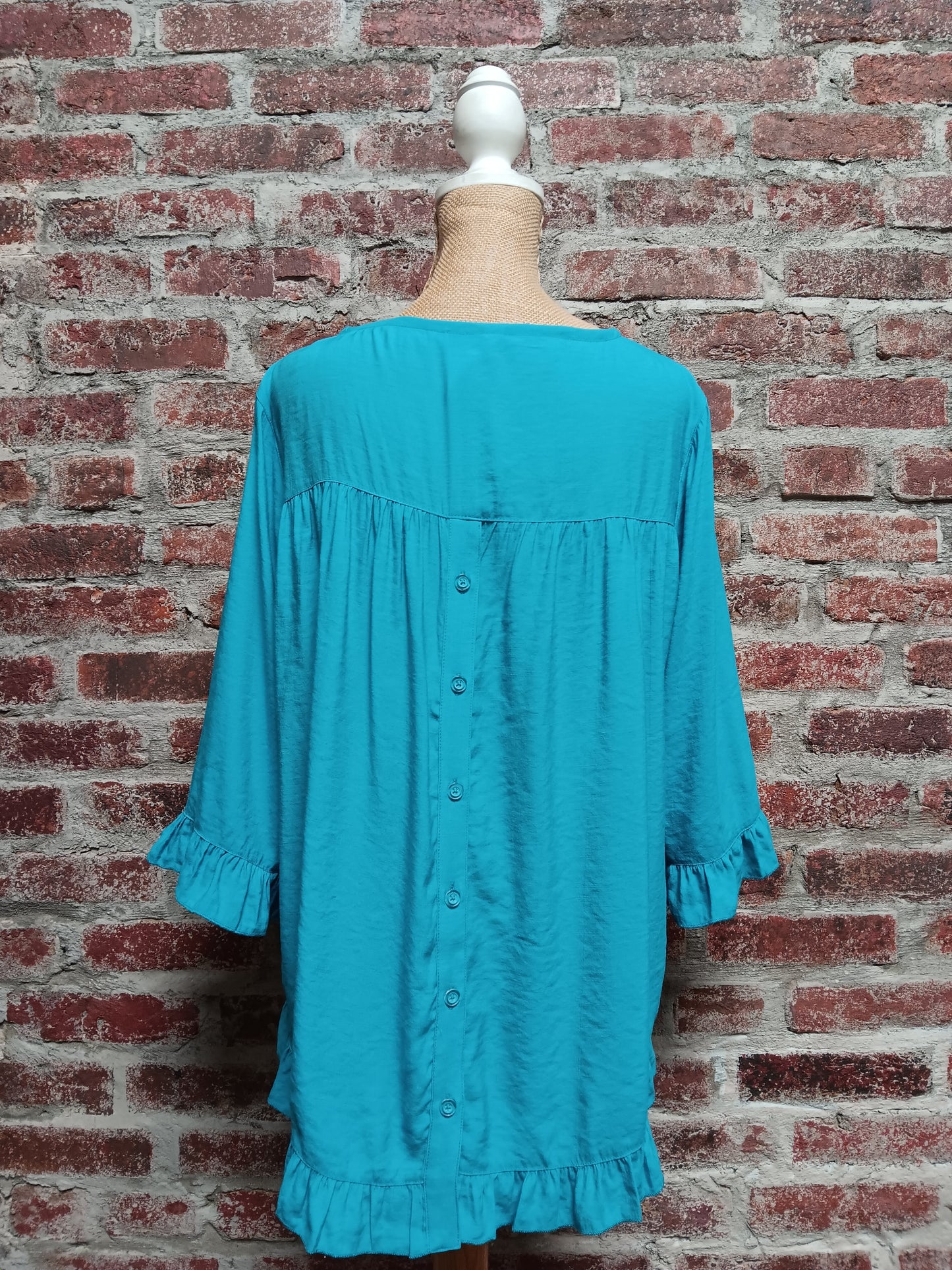 Turquoise Ruffle Sleeve Back Button Top