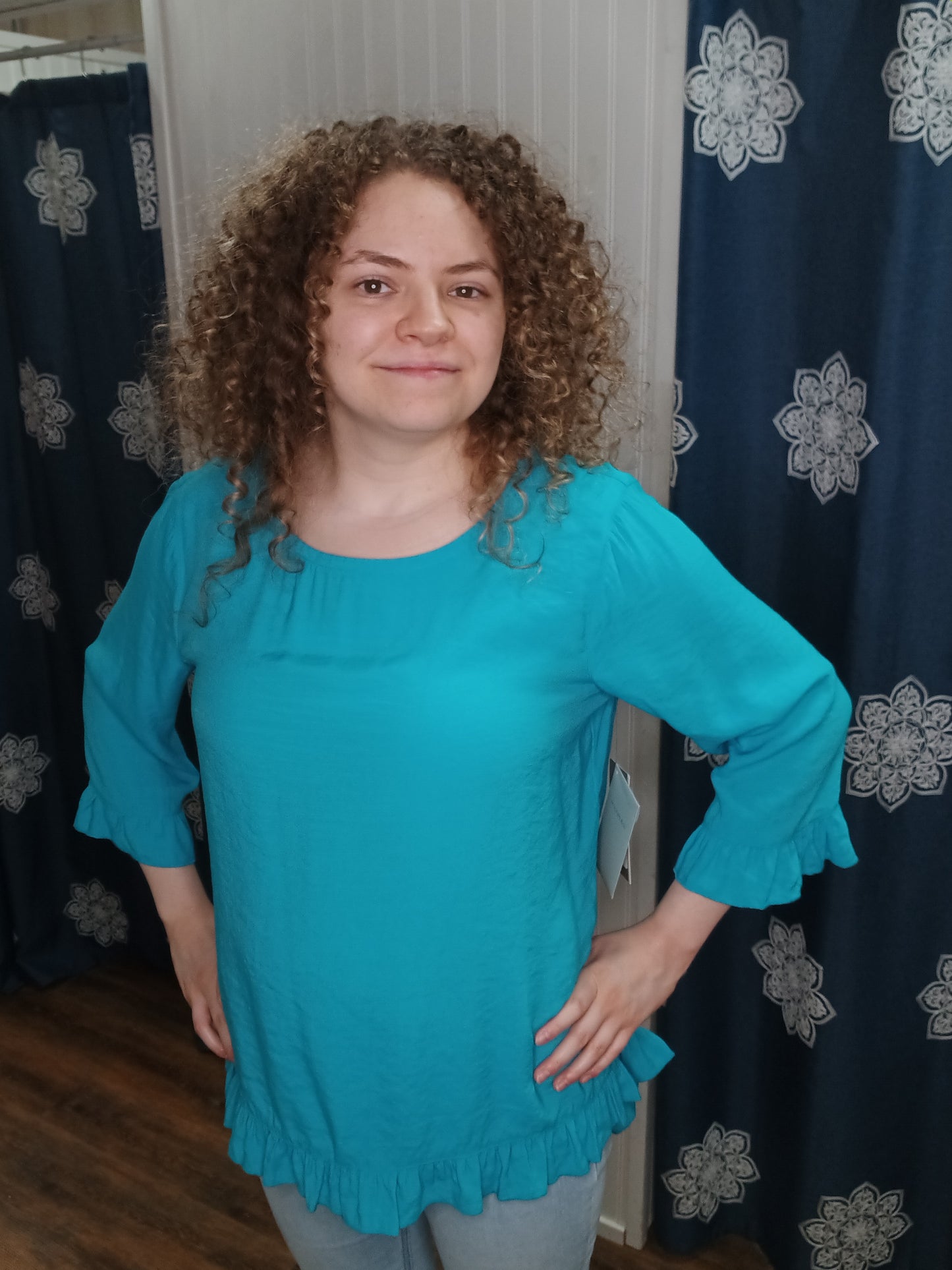 Turquoise Ruffle Sleeve Back Button Top