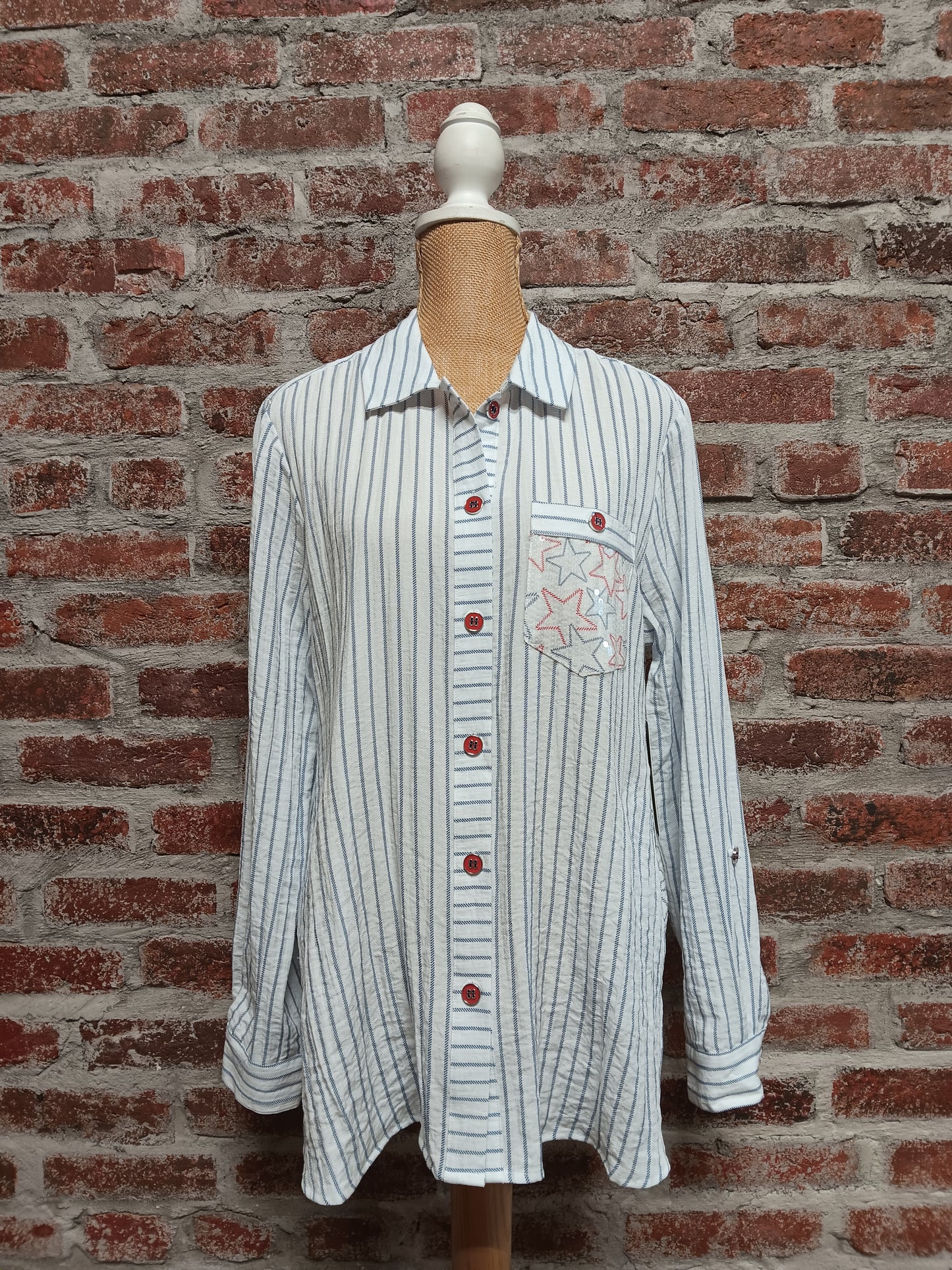Patriotic Long Sleeve Hi Lo Button with Sequin Pocket Top