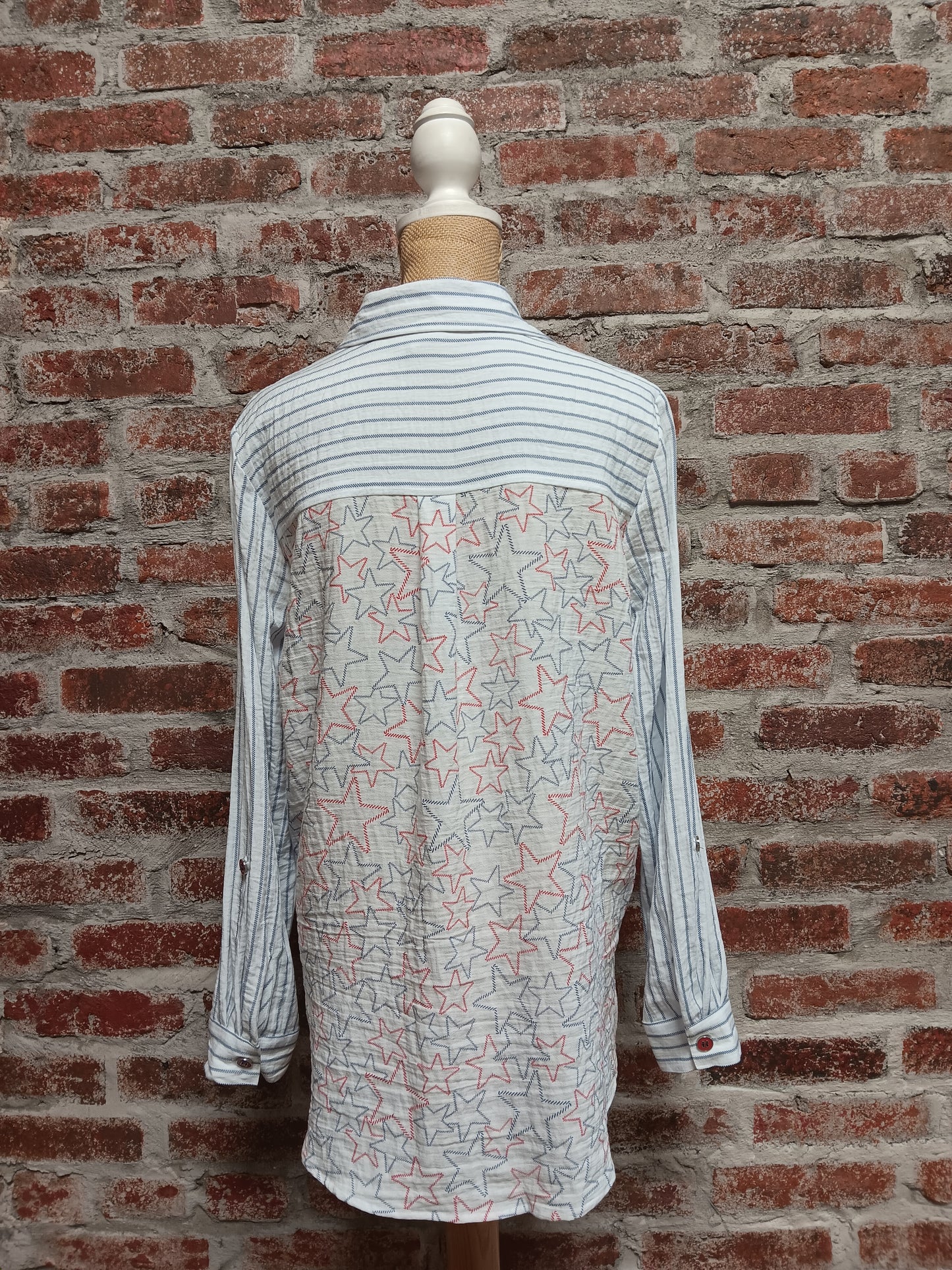 Patriotic Long Sleeve Hi Lo Button with Sequin Pocket Top