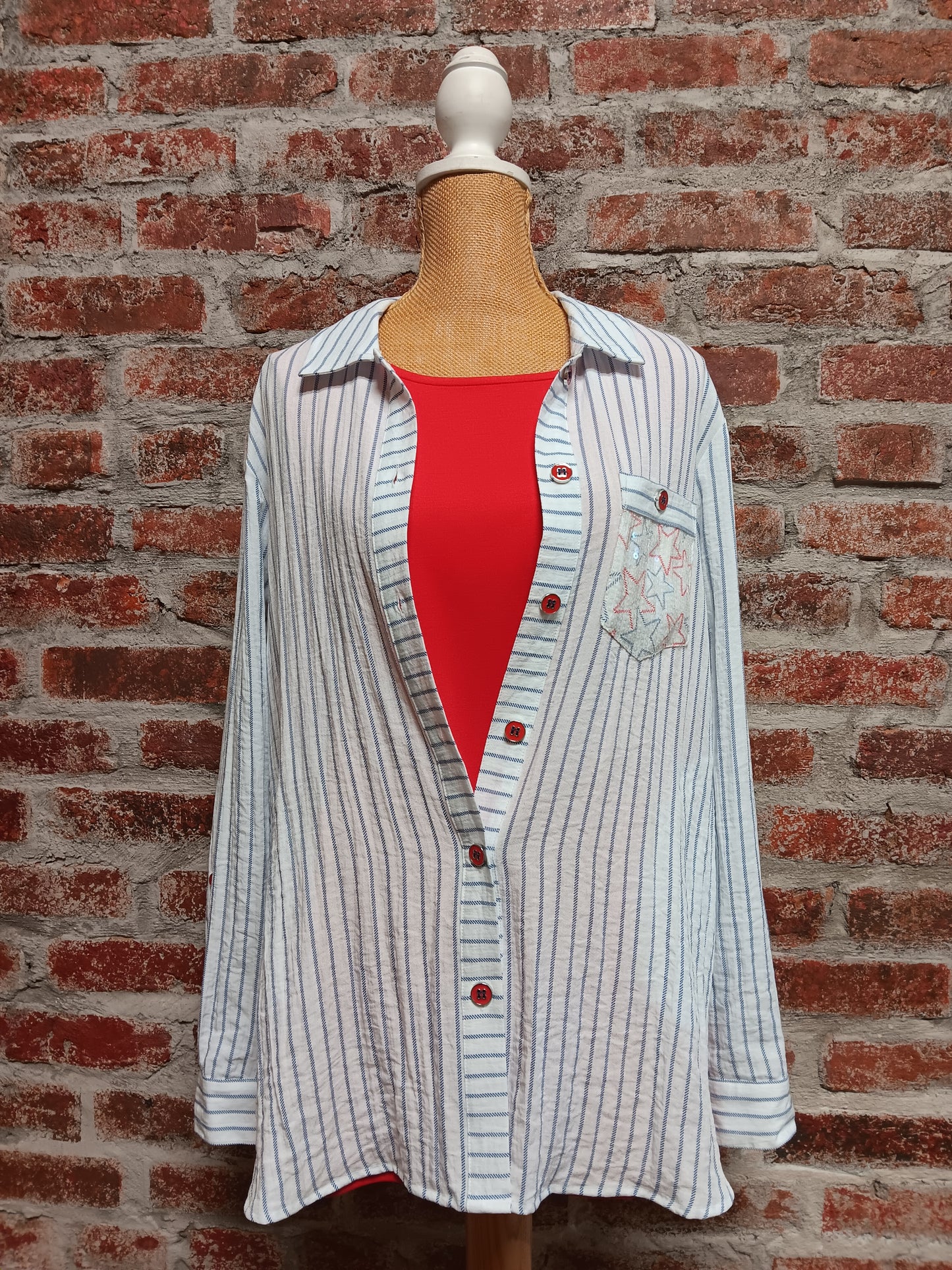 Patriotic Long Sleeve Hi Lo Button with Sequin Pocket Top