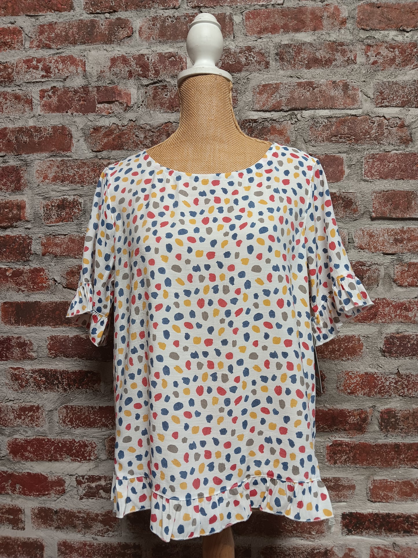 Short Sleeve Multicolored Dot Print Ruffle On Sleeve Top