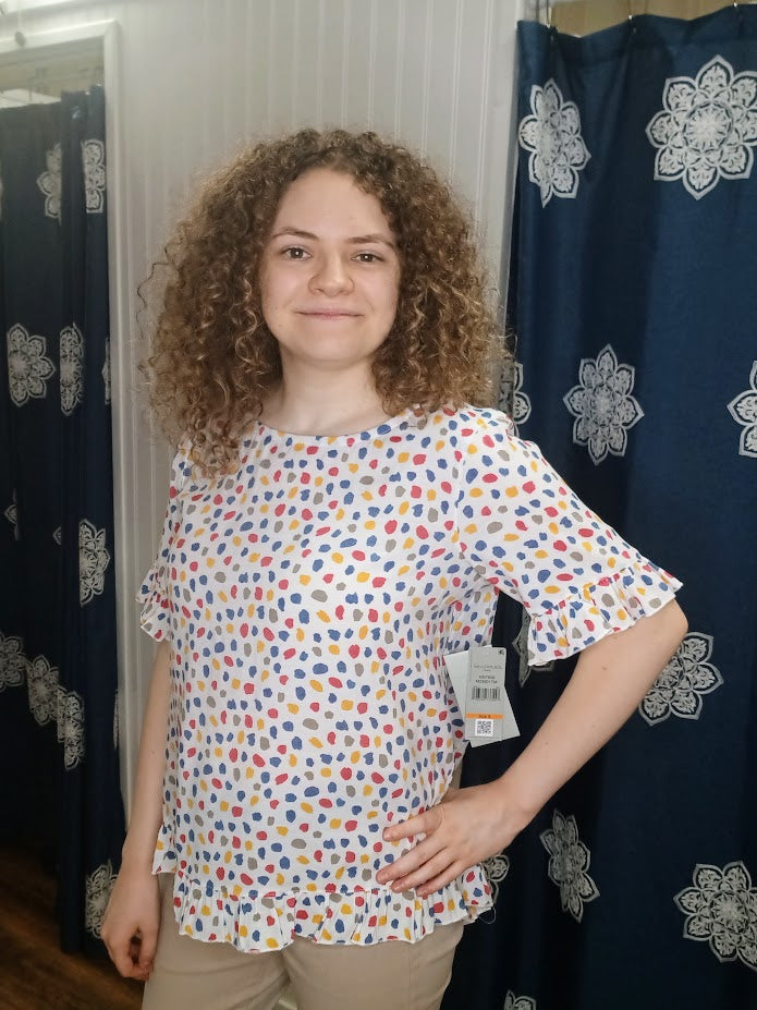 Short Sleeve Multicolored Dot Print Ruffle On Sleeve Top