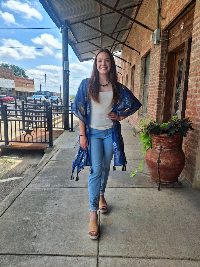 Short Blue and Gold Duster With Coral Reef Print