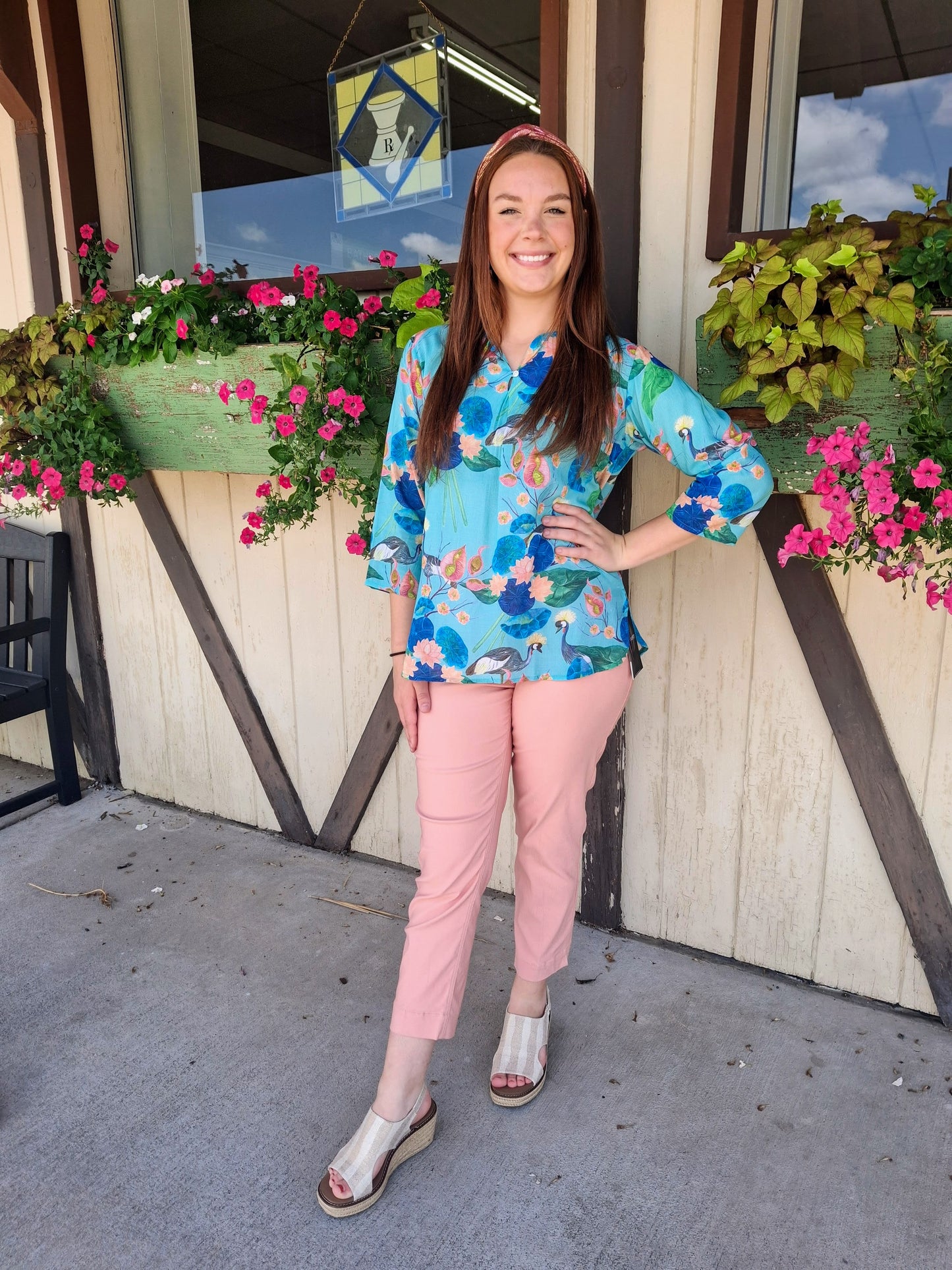 Turquoise Water Lily Print 3/4 Sleeve Top