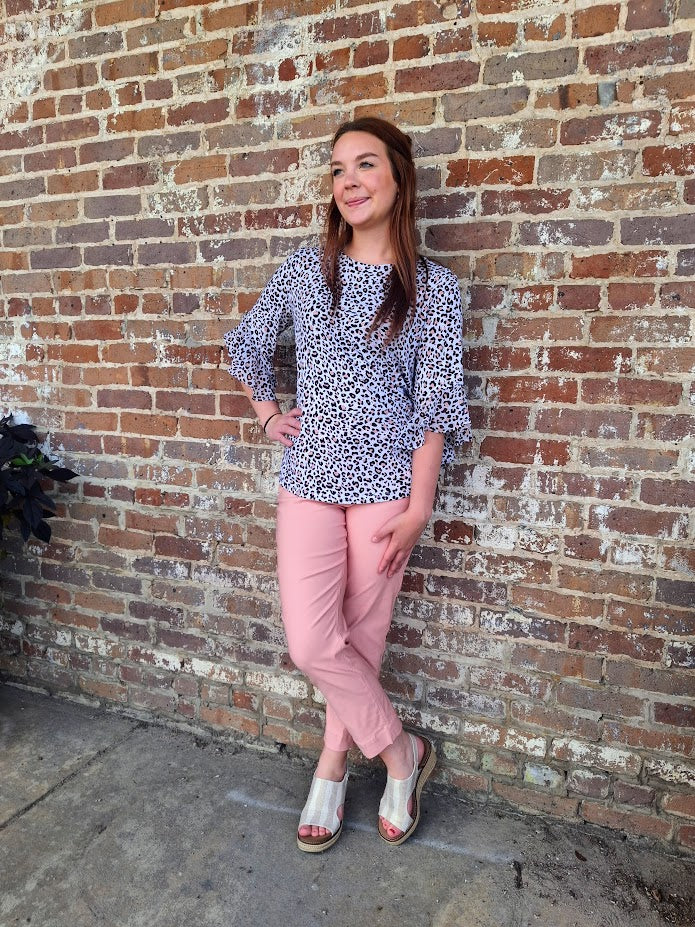 Blush Animal Print 3/4 Flounce Sleeve Top
