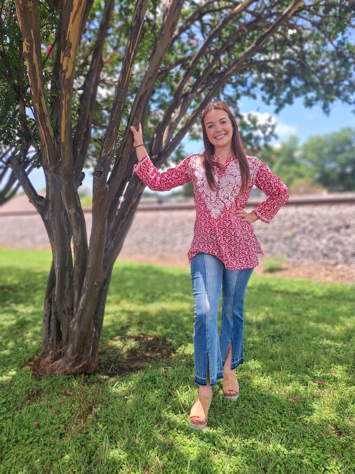 Red Pattern Embroidered Top