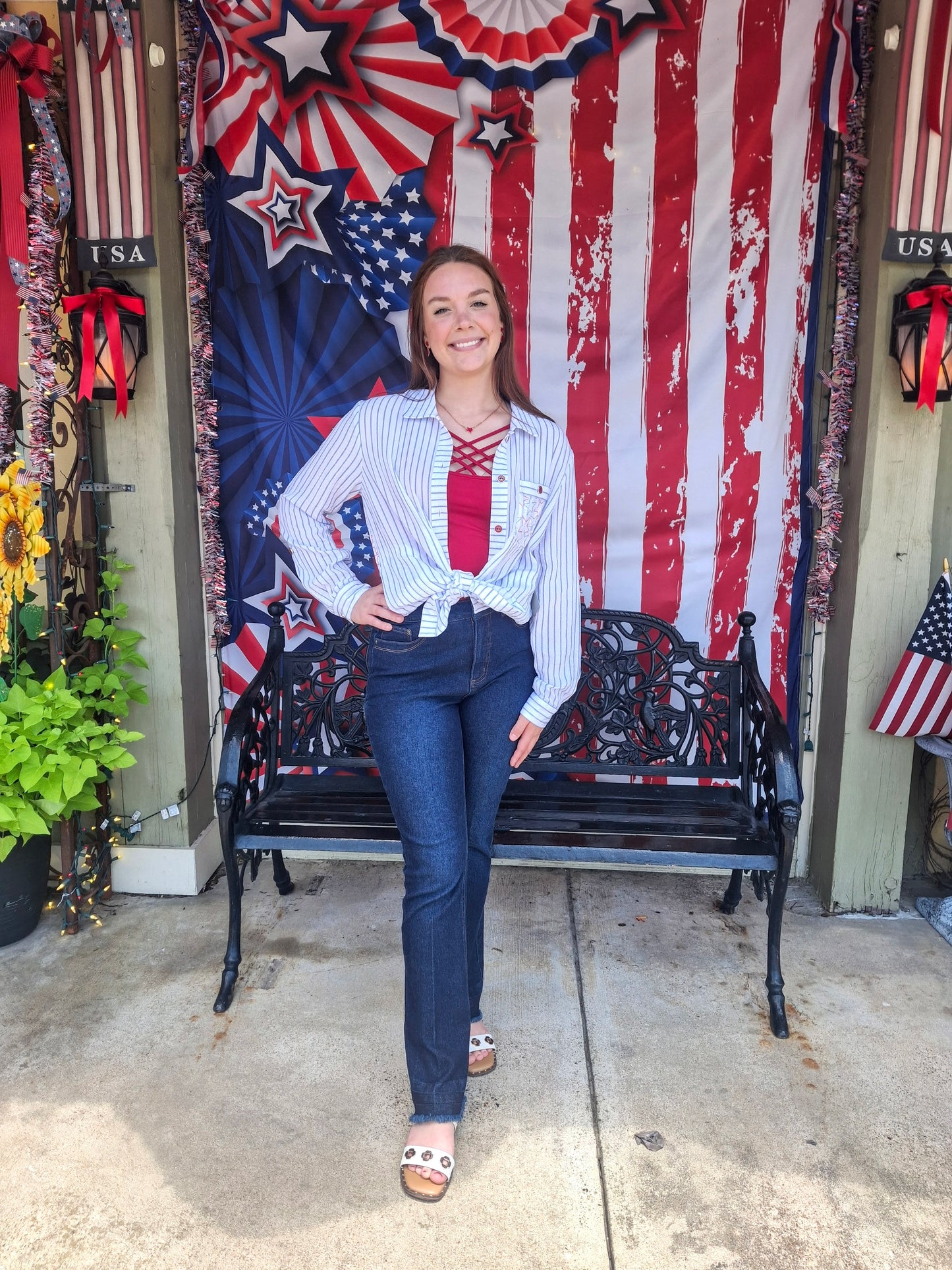 Patriotic Long Sleeve Hi Lo Button with Sequin Pocket Top