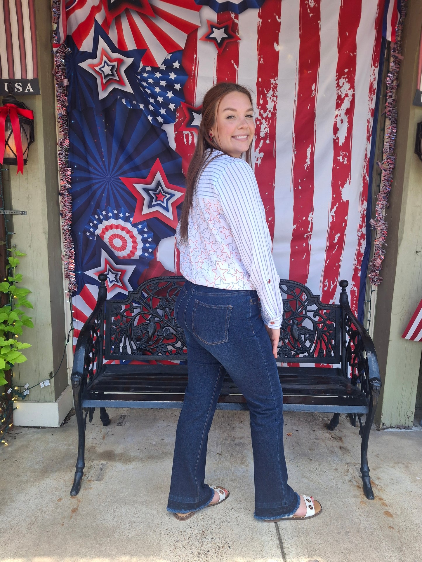 Patriotic Long Sleeve Hi Lo Button with Sequin Pocket Top