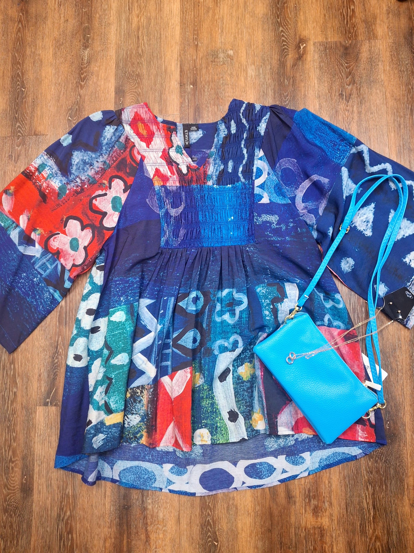 Blue and Red Smocked Neck Top