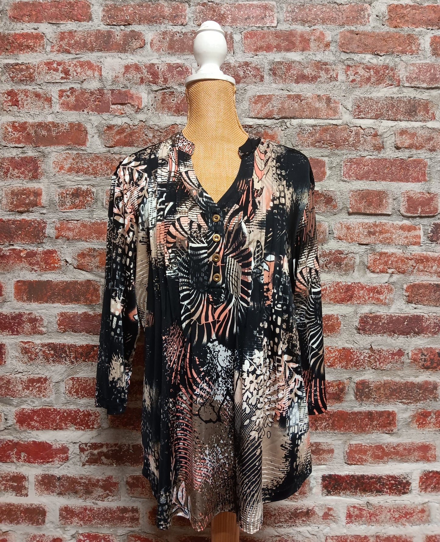 Brown Black Small Floral Leaf Print 3/4 Sleeve Plus Size