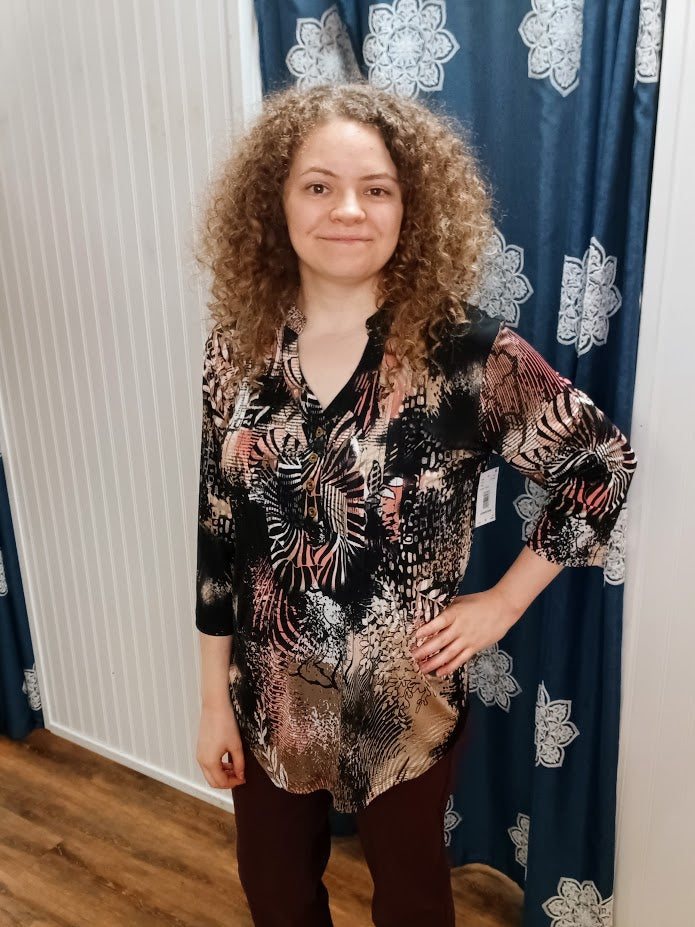 Brown Black Small Floral Leaf Print 3/4 Sleeve