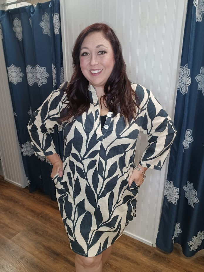 Black and Beige Leaf Pattern Dress