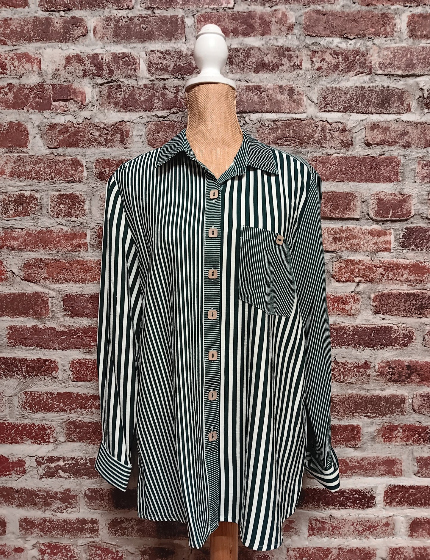 Striped Dark Green L/S Button Up Shirt