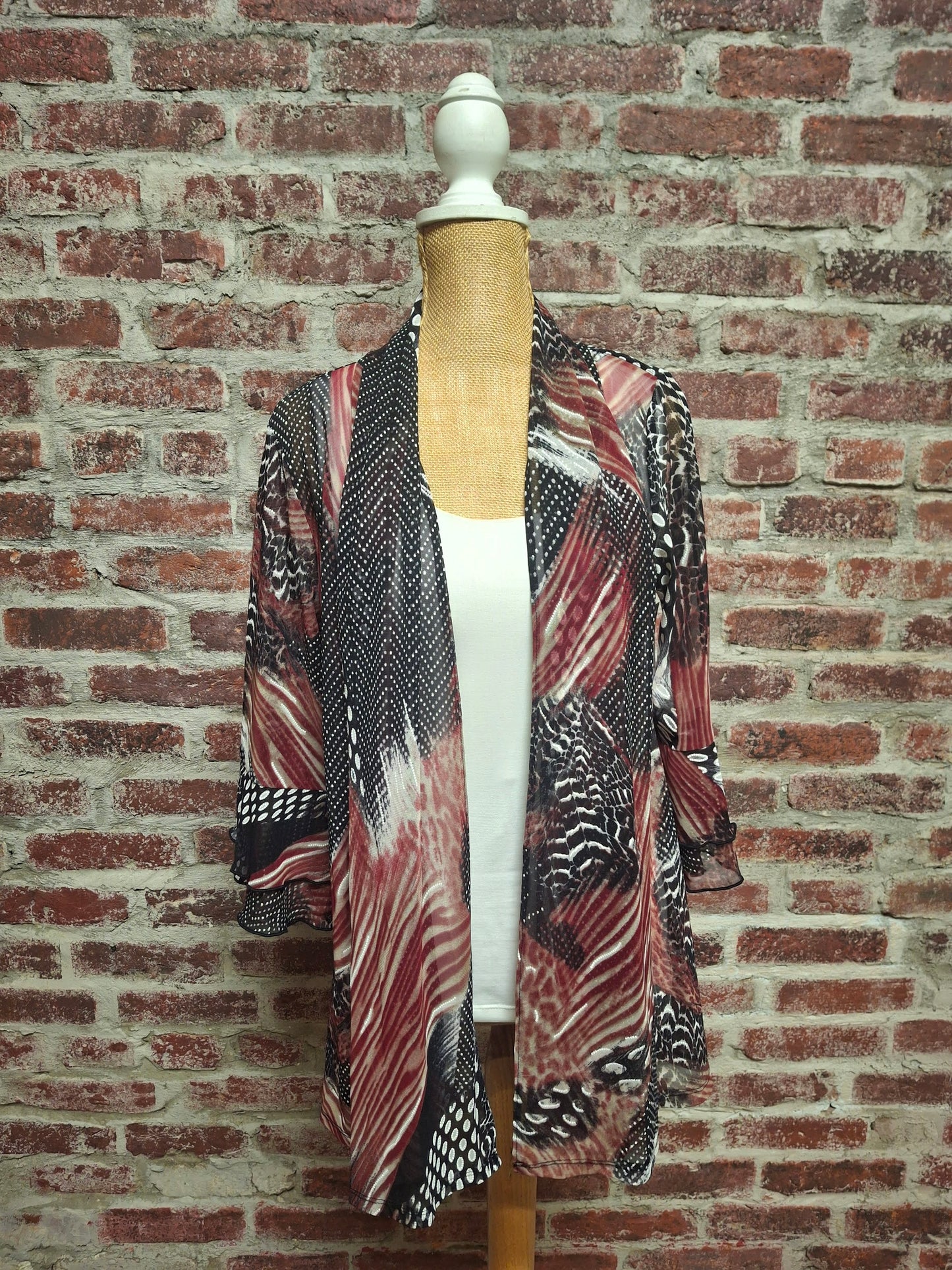 Burgundy Multi Patterned 3/4 Sleeve Mesh Jacket