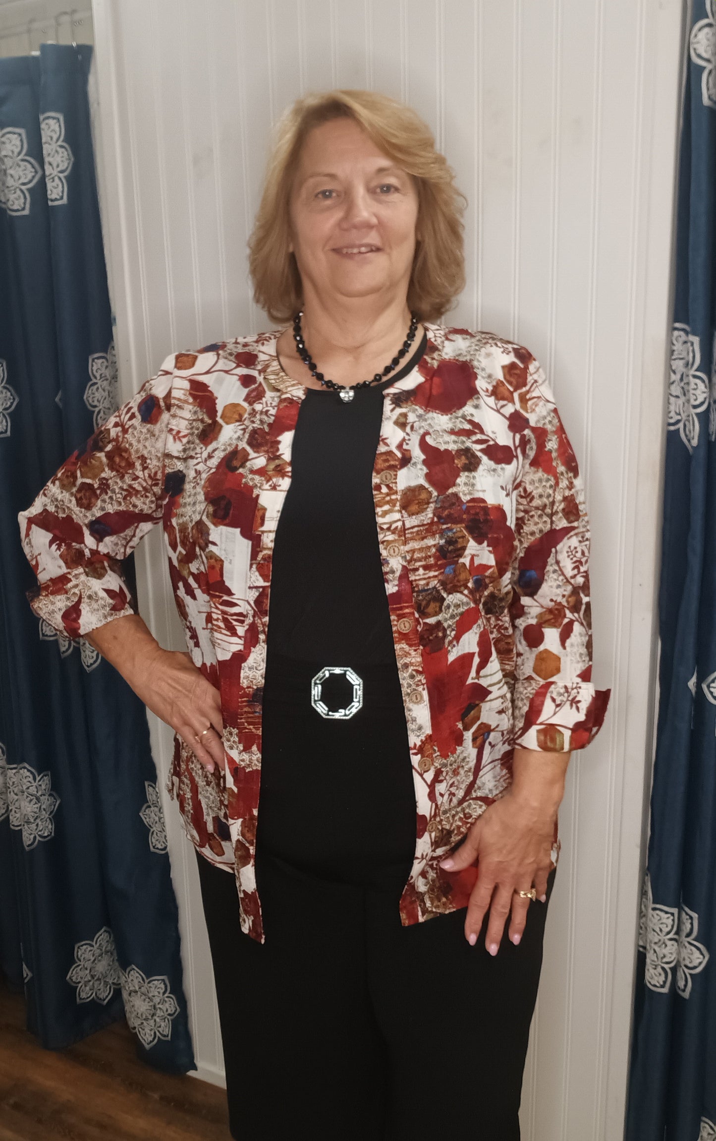 Port/Cream Button Up 3/4 Cuffed Sleeve Top